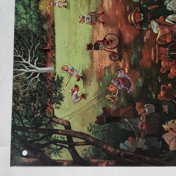 Picnic Family Bears Metal Tin Sign Baseball Outside Play Old Time Bike Park VTG - Picture 3 of 16
